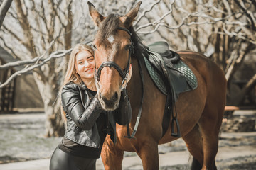 Woman with a horse, animals and human concept 