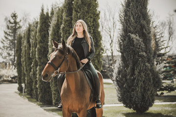 Woman with a horse, animals and human concept 