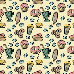Desserts, sweets, tea, coffee seamless pattern on a beige background. Hand drawn vector doodle retro style illustration.