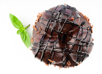 delicious cake with chocolate on white background