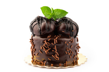 delicious cake with chocolate on white background