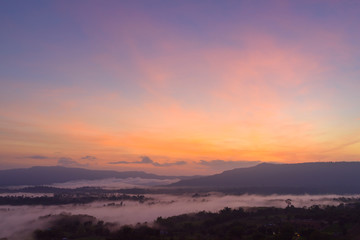 Misty Morning Sunrise at Khao Kho District, Phetchabun Province, Thailand