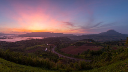Fototapeta na wymiar Misty Morning Sunrise at Khao Kho District, Phetchabun Province, Thailand