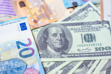 Euro union and us dollar money bank note bill background