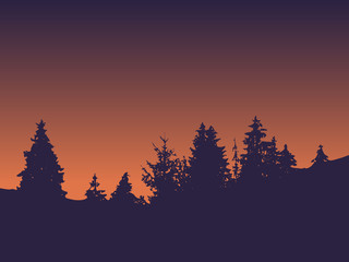 Forest silhouette against the background sunset or sunrise vector. Trees landscape.