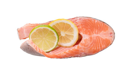 Steak of red fish, salmon with lemon, rosemary and thyme. Trout on white background.