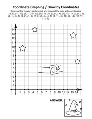 Coordinate graphing, or draw by coordinates, math worksheet with Halloween witch hat: To reveal the mystery picture plot and connect the dots with given coordinates. Answer included.