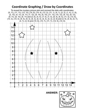 Coordinate graphing, or draw by coordinates, math worksheet with Halloween pumpkin: To reveal the mystery picture plot and connect the dots with given coordinates. Answer included.