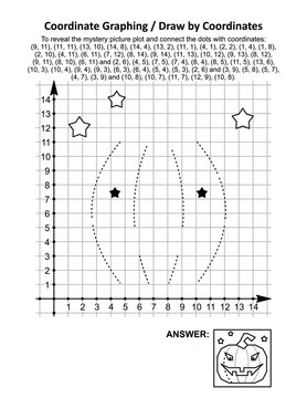 Coordinate graphing, or draw by coordinates, math worksheet with Halloween pumpkin: To reveal the mystery picture plot and connect the dots with given coordinates. Answer included.
