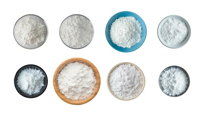 Top view tapioca starch powder in wooden bowl background isolate