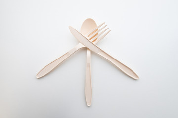 Biodegradable plastic spoon, fork and lunch box on white background isolate