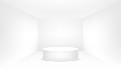 White podium in an empty white room. Empty white room.