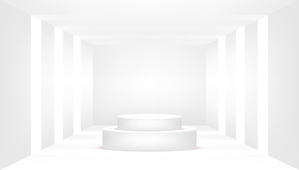 White podium in an empty white room. Empty white room.
