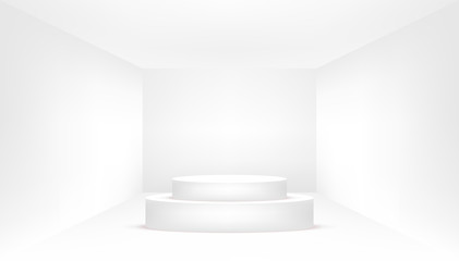 White podium in an empty white room. Empty white room.