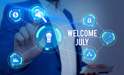 Word writing text Welcome July. Business photo showcasing Calendar Seventh Month 31days Third Quarter New Season Male human wear formal work suit presenting presentation using smart device