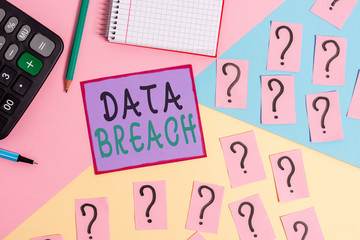 Handwriting text Data Breach. Conceptual photo security incident where sensitive protected information copied Mathematics stuff and writing equipment above pastel colours background