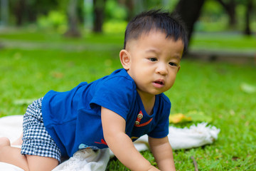 Baby boy crawling on picnic mat green grass