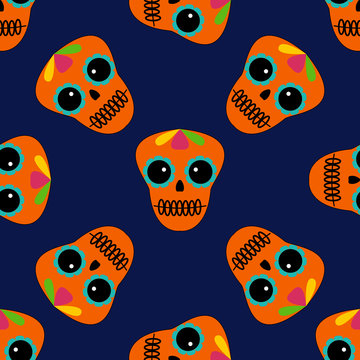 A blue pattern of cute skulls for day of the dead holiday