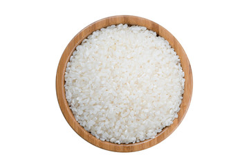 Top view close up of Thai jasmine rice uncook in glass bowl, a long-grain variety of fragrant rice, white background isolate, clipping path
