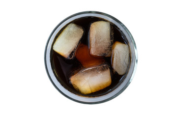 Top view close up iced americano coffee on white background isolated