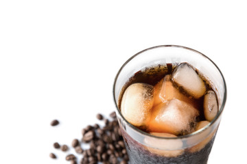 Top view close up iced americano coffee on white background isolated