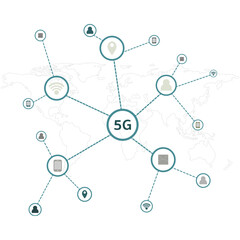 5G infographic and world map, connecting people with online communication.