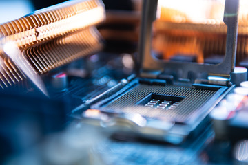 Computer engineer maintenance computer CPU hardware upgrade of motherboard component, PC repair by technician and industry support installation CPU on socket with flare