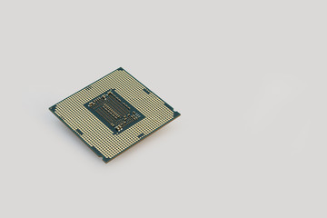 Close up view of front side CPU (Central Processing Unit) or Microchip Computer isolated on white...