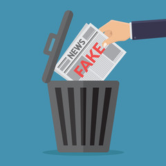Throw fake news in the trash with blue background flat design vector illustration