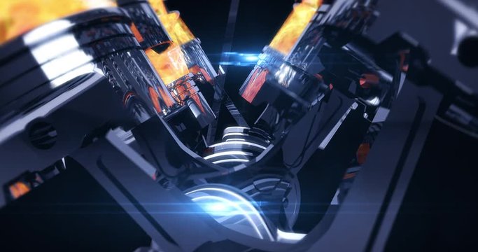 Close Up V8 Engine Animation With Lens Effects. Pistons And Other Mechanical Parts Are In Motion With Explosions.