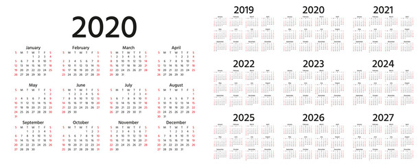 Calendar 2020, 2019, 2021, 2022, 2023, 2024, 2025, 2026, 2027 years. Vector. Week starts Sunday. Stationery template in minimal design. Yearly calender organizer for weeks. Landscape orientation.