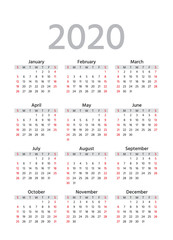 Calendar 2020 year. Vector. Week starts Sunday. Pocket calender layout. Yearly organizer. Stationery template. in minimal design. Portrait orientation, English.