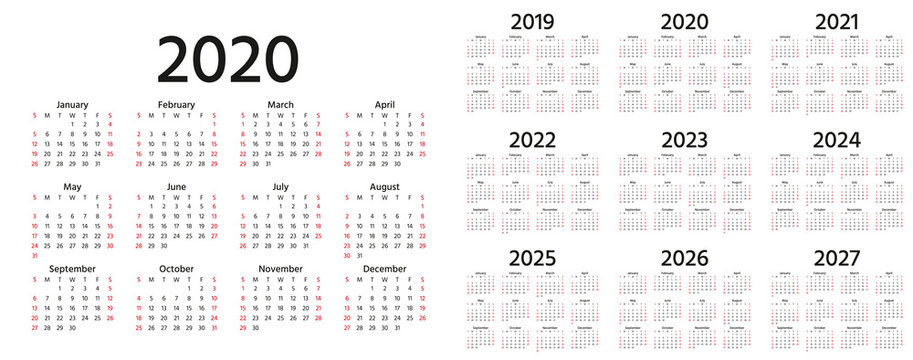Calendar 2021 2022 2023 2024 2025 2026 2027 Years Week Starts Sunday Simple  Year Template Of Pocket Or Wall Calenders Yearly Organizer Stationery Color  Layout Portrait Orientation English Stock Illustration - Download Image Now  - iStock