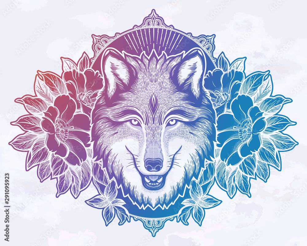 Wall mural Portrait of a wolf on a background of mountain landscape.Dreamy magic art. Night, nature, wicca symbol. Isolated vector illustration. Great outdoors, tattoo and t-shirt design.