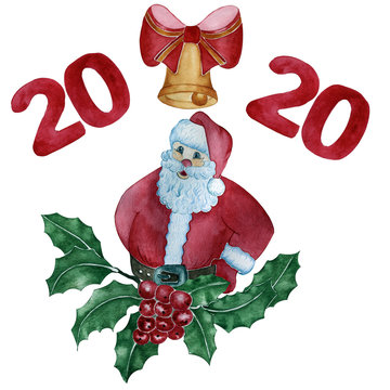 watercolor illustration. hand drawing. Santa Claus, ostrolist, Christmas bell and new year's date. Выделите текст, чтобы посмотреть примеры