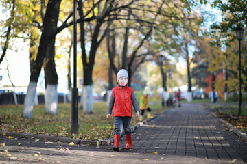 Children walk in the autumn park