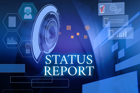 Writing note showing Status Report. Business concept for Update Summary of situations as of a period of time Male wear formal suit presenting presentation smart device