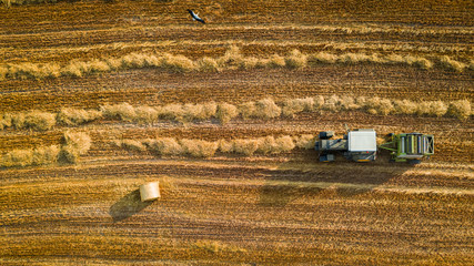 Machines for collecting and pressing hay, aerial view