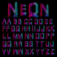 Glowing Colorful Neon Alphabet. 3d rendering illustration.