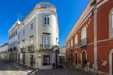 Traditional Portuguese buildings and architecture in Tavira historic center, Algarve, Portugal