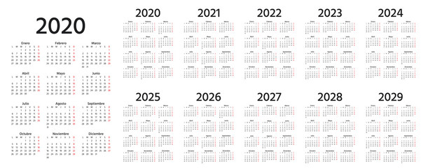 Calendar Spanish 2020, 2021, 2022, 2023, 2024, 2025, 2026, 2027, 2028, 2029 years. Vector. Week starts Monday. Stationery calender template. Yearly organizer in minimal design. Portrait orientation.
