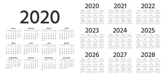 Calendar Spanish 2020, 2021, 2022, 2023, 2024, 2025, 2026, 2027, 2028 years. Vector. Week starts Monday. Stationery calender template in minimal design. Yearly organizer. Business illustration.