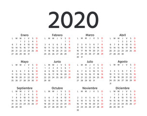 Fototapeta na wymiar Spanish Calendar 2020 year. Vector. Week starts Monday. Spain calender template. Yearly stationery organizer in minimal design. Horizontal landscape orientation.