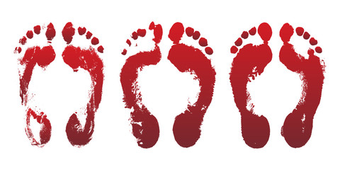 Set of bloody red horror foot prints. Mark human leg, dirty grunge foot print. Design element for Halloween decoration.