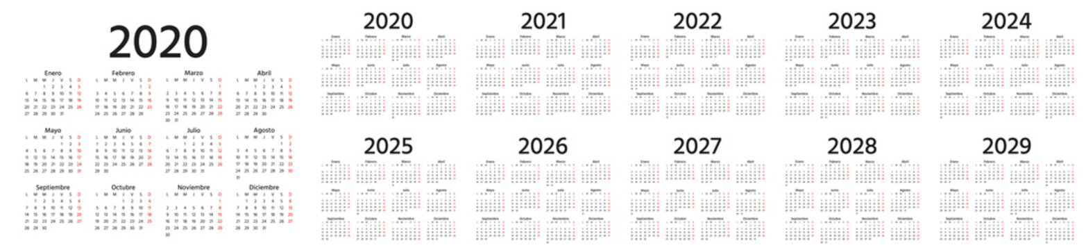 Calendar Spanish 2020, 2021, 2022, 2023, 2024, 2025, 2026, 2027, 2028, 2029 years. Vector. Week starts Monday. Stationery calender template. Yearly organizer in minimal design. Landscape orientation