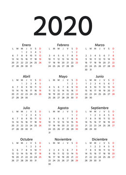 Spanish Calendar 2020 year. Week starts Monday. Vector. Spain calender template. Yearly stationery organizer in minimal design. Vertical portrait orientation.