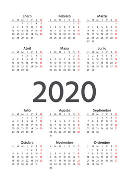 Spanish Calendar 2020 year. Vector. Week starts Monday. Spain calender template. Yearly stationery organizer in minimal design. Vertical portrait orientation.