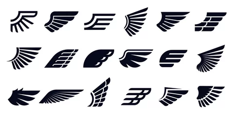 Foto op Plexiglas Silhouette wing icons. Bird wings, fast eagle emblem and decorative ornament angel wing stencil. Black tattoo sketch, airport logo or victory insignia. Isolated symbols vector bundle © Tartila