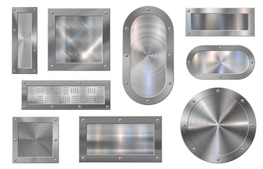Metal plate banner. Steel signboard, brushed metals banners and metallic aluminum frame. Stainless metalized tag, metal decor badge or luxury silver card. 3D realistic vector isolated symbols set