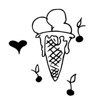 Waffle cone with balls of ice cream. Sweet pleasure. Hand drawn picture. Cartoon vector illustration.